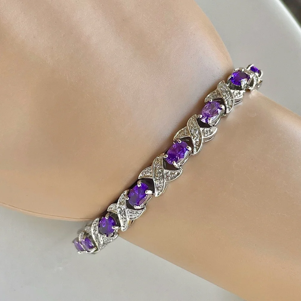 Genuine Amethyst & Silver Bracelet- 7.5” Like New- QVC- Stunning Gemstones! - Picture 9 of 16